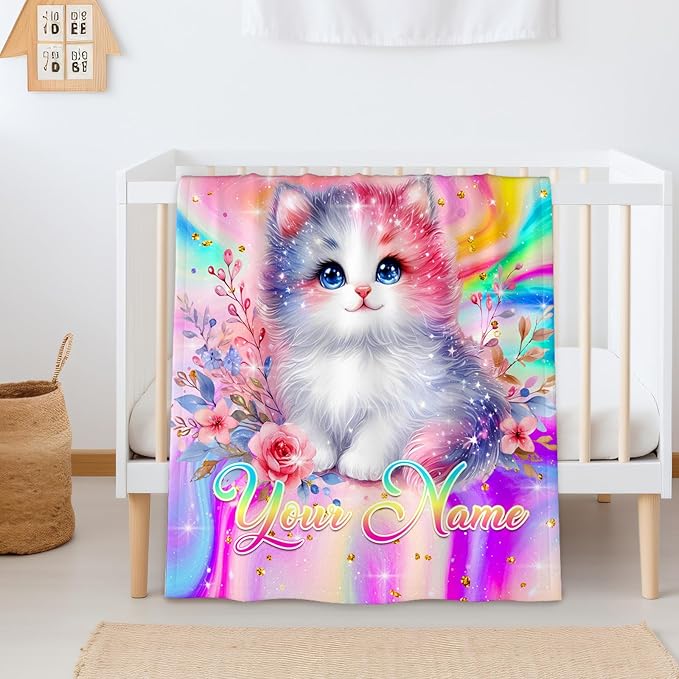 Personalized Blanket for Girls, Cat Throw Blanket Gift for Kids Teens Cats Lovers, Custom 50"x40" Soft Cozy Flannel Blankets for Couch Sofa Bed Bedroom Decor