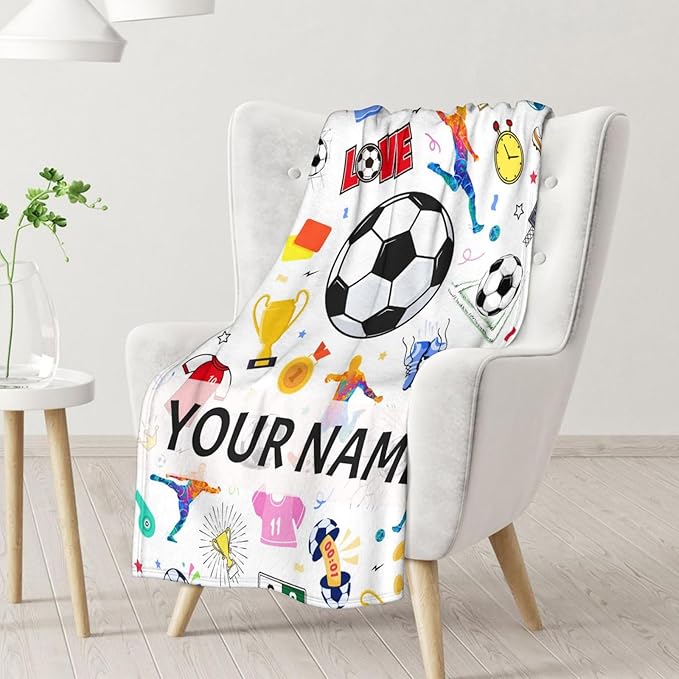 Personalized Soccer Blanket for Kids - 50x60 Inches Soft Fuzzy Cozy Throws Gifts for Soccer Players - Colorful Sports Throw Blanket for Couch, Living Room & Office