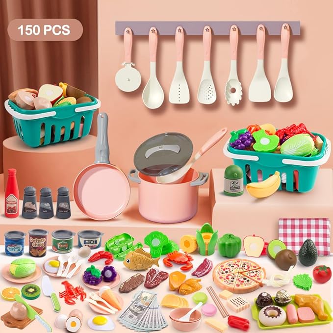 150Pcs Kitchen Playset, Toddlers Pretend Cooking Cookware Accessories, Food, Picnic Blanket, Fruits, Veges, 2Pack Shopping Storage Basket, Dessert and Prop Money, Gift for Kids (Pink)