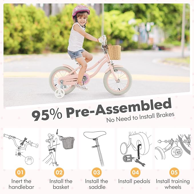 COSTWAY Kids Bike, 14 16 18 Inch Toddler Bike with Training Wheels, Basket, Adjustable Seat & Handlebar, Hand & Coaster Brakes, Bell, for Girl Boy Aged 3-8 Years Old