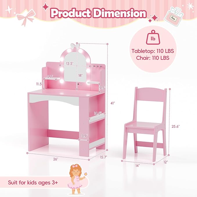 MU Kids Vanity with Lights, Princess Makeup Vanity Table and Chair Set for Girls, Toddler Vanity Desk with Open Bookshelf, Storage Cabinet & Shelves, Stools, Pink