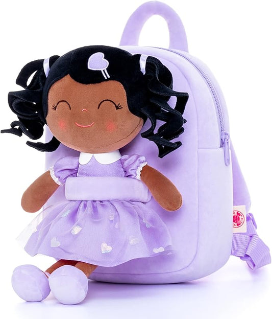 Gloveleya Back to School Gifts for Girls Toddler Backpack Baby Girls Gift Plush Bag Diaper Bag with Spring Girl Doll Curly Hair Girl Toys with Love Brown Purple