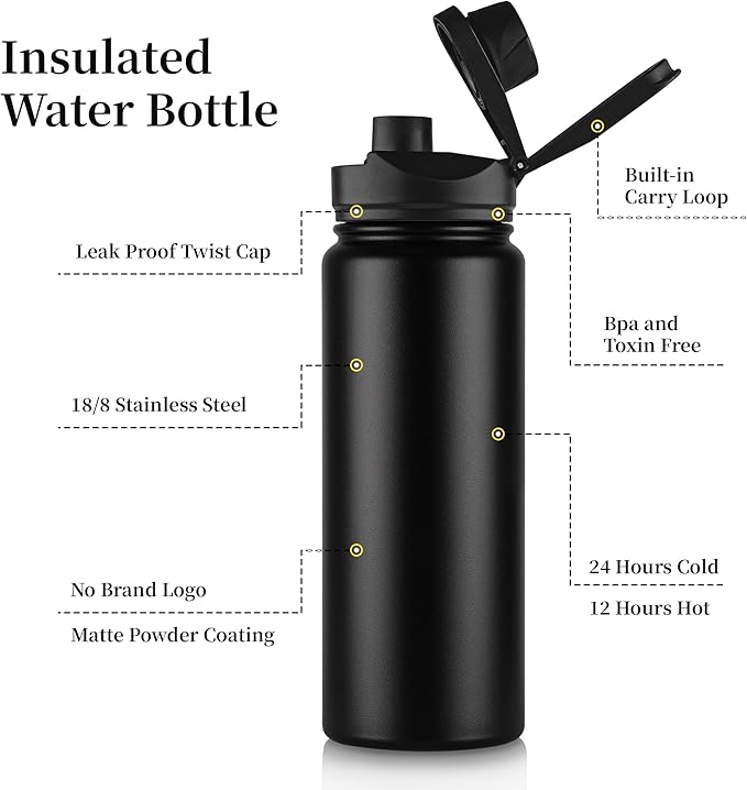 24 oz Insulated Water Bottle Bulk 4 Pack, Stainless Steel Sports Water Bottles with Straw Lid & Wide Mouth Lids, Double Walled Vacuum, Leak Proof, Black