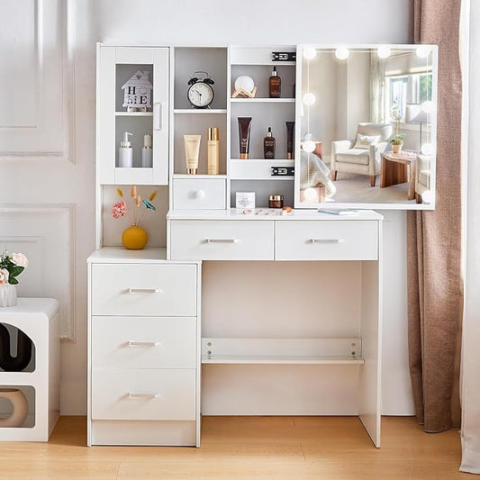 Large Vanity Desk with LED Lighted Mirror, 6 Drawers, 1 Door Cabinets, 6 Oppen and Hidden Shelves Makeup Table with Brightness Adjustable, Dressing Vanity Set for Girls