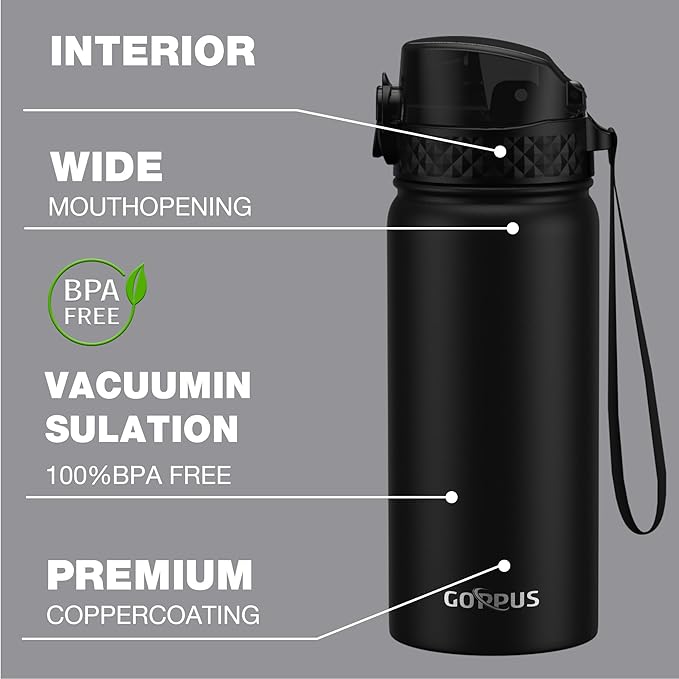Kids Water Bottle, GOPPUS 18 Oz Stainless Steel Travel Bottle, Double Wall Vacuum Leak Proof Kids Cup for School Boys Girls, Black