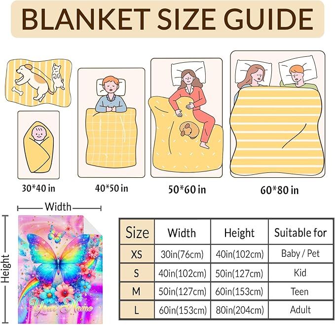 Personalized Blanket for Girls, Butterfly Throw Blankets Gift for Kids Teens Butterfly Lovers, Custom 80"x60" Flannel Throws for Couch Sofa Bed Travel