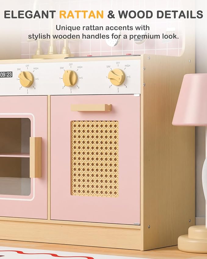 Babytronic Wooden Kitchen Playset for Kids - Pink Pretend Play Kitchen with Lights & Sounds, Retro Style Toy Kitchen for Toddlers Ages 3+, Wooden Play Kitchen Set with Realistic Design (Pink)