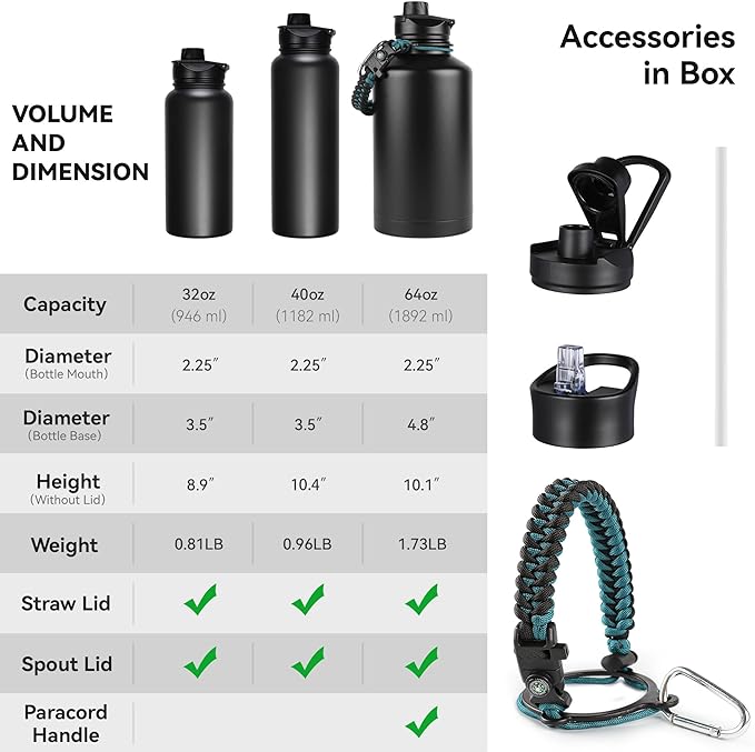 32 oz Insulated Water Bottle Bulk 4 Pack, Stainless Steel Sports Water Bottles with Straw Lid & Wide Mouth Lids, Double Walled Vacuum, Leak Proof, Black