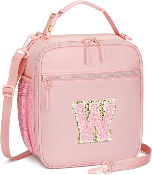Initial Insulated Lunch Bag for Girls Kids, Back to School Gift, Reusable Leak-proof Lunch Box with Adjustable Strap for School Daycare Travel Picnic (Pink,W)