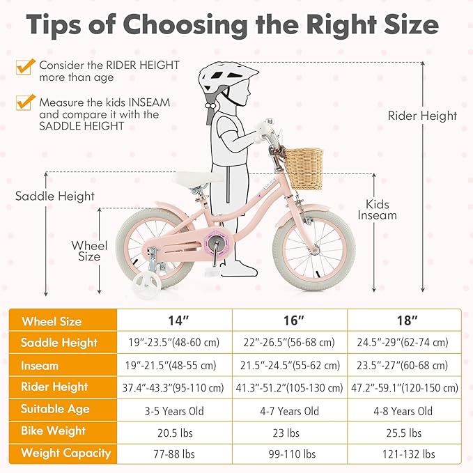 COSTWAY Kids Bike, 14 16 18 Inch Toddler Bike with Training Wheels, Basket, Adjustable Seat & Handlebar, Hand & Coaster Brakes, Bell, for Girl Boy Aged 3-8 Years Old