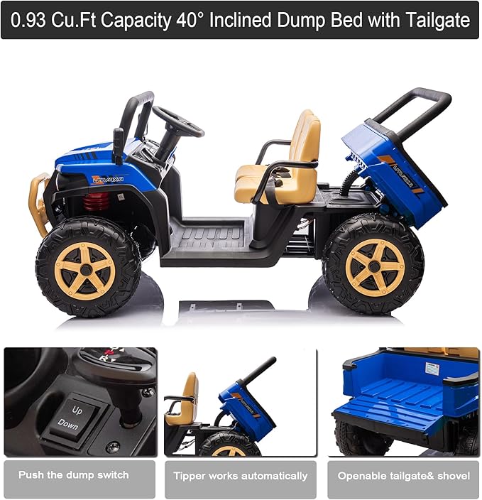 POSTACK 24V 2 Seater Electric Dump Truck for Kids, Ride on Tractor Battery Powered Electric Vehicle with Parental Remote Control, UTV for Kids to Drive w/Bluetooth, Music, Blue