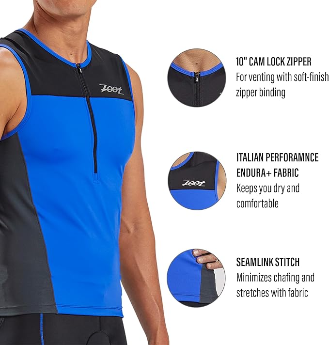 Zoot Men’s Core Tri Tank, Performance Triathlon Race Tank Top, UPF 50+ Fabric, Rear Pockets, Mesh Panels, & Cam Lock Zipper