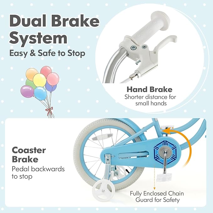 COSTWAY Kids Bike, 14 16 18 Inch Toddler Bike with Training Wheels, Basket, Adjustable Seat & Handlebar, Hand & Coaster Brakes, Bell, for Girl Boy Aged 3-8 Years Old