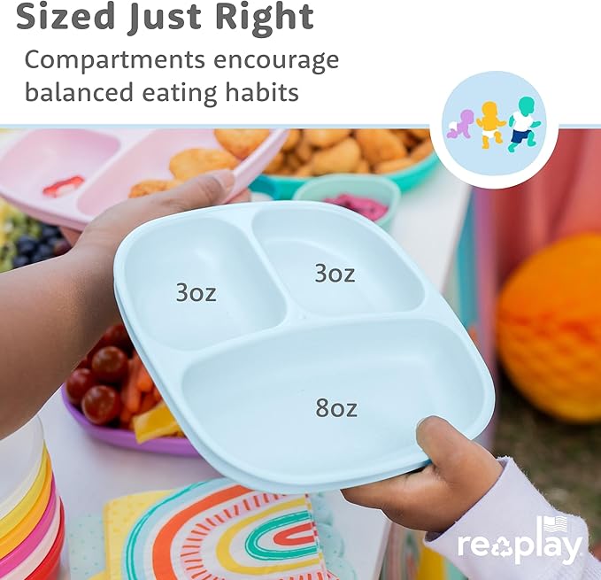 Re-Play Toddler Plates with Dividers - Deep-Walled 3 Compartments Divided Plates for Kids - Dishwasher & Microwave Safe - Made in USA - Set of 4-7.37" x 7.37" x 1.25" - Cool Blue