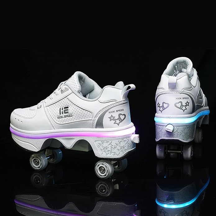 2-in-1 Roller Skates Shoes with Retractable 4 Wheels & Pop-Out Deformation Sneakers Outdoor Sports Skating Shoes for Girls Boys