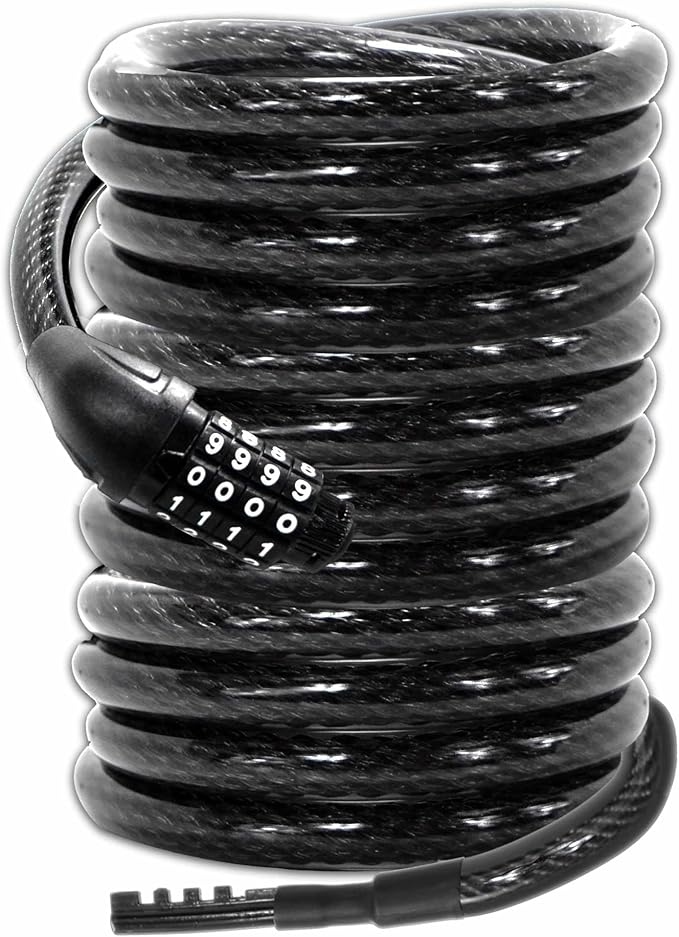 Lumintrail Long Coiled Bike Cable Lock 3/8 Inch 15ft (4, 6, 10, 15, 30ft), Weatherproof Locks for Kayak, Bike, Scooter, Outdoor Equipment, Resettable Combination Lock Anti Theft Protection