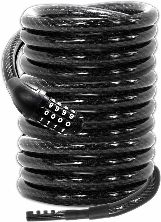 Lumintrail Long Coiled Bike Cable Lock 3/8 Inch 15ft (4, 6, 10, 15, 30ft), Weatherproof Locks for Kayak, Bike, Scooter, Outdoor Equipment, Resettable Combination Lock Anti Theft Protection