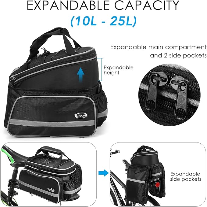 Lixada Bike Trunk Bag Waterproof Bicycle Rack Rear Carrier Bag 25L Bicycle Commuter Bag Bike Rack Bag Pannier Bag Shoulder Bag with Rain Cover