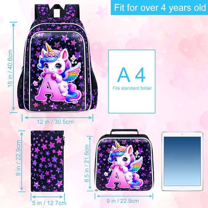 CCJPX 3Pcs Unicorn Backpack, 16” Girls Bookbag with Lunch Box, Kids Water Resistant Elementary School Bag for Kindergarten Preschool Toddler (Black)