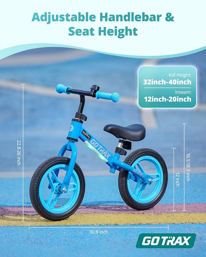 Gotrax KS12 Balance Bike for 2-5 Years Old, 12" Toddlers Bike with LED Light&Bell, Adjustable Soft Seat&Handlebar, Flat-Free Tires&Easy Assembly, Lightweight&No Pedal, Kids Toy Gift for Boys Girls