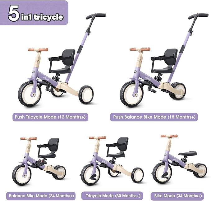 newyoo Toddler Tricycle with Push Handle for 1-3 Year Old, Toddler Bike, Birthday Toy for Boys and Girls, 5 in 1 Kids Trike, Balance Bike with Backrest and Safety Belt, Purple, TR007