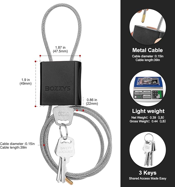 Adjustable Cable Locks with 3 Keys | L 3.28ft x D 1/6in Aluminum Steel Cable Padlock for Bikes, Gate, Lockers & Outdoor Gear | Keyed Different & Black