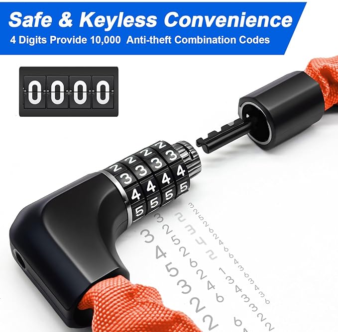 NDakter Upgrade Bike Chain Lock with 4 Digit Combination and 2 Keys, 3.2/4.28 Ft Heavy Duty Anti-Theft Bicycle Lock, 2 Ways to Unlock High Security Scooter Locks for Ebike, Escooter, Door