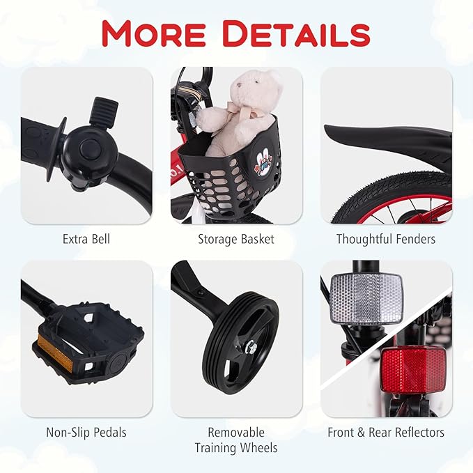 BABY JOY Rabbit Pilot Sporty Kids Bike, 12 14 16 18 Inch Child Bike for 3-8 Years Old with Adjustable Height, Training Wheels, Storage Basket, Handbrake & Coaster Brake, Kids Bicycle for Girls Boys