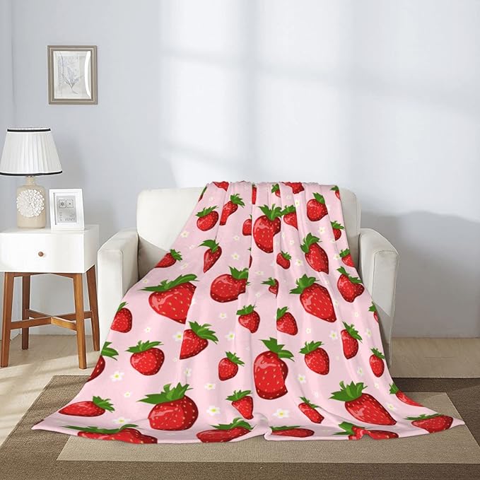 Pink Strawberry Blanket for Kids Girls, Soft Lightweight Strawberry Throw Blanket for Sofa Bed Traveling Camping Gifts Idea 50x60 inches