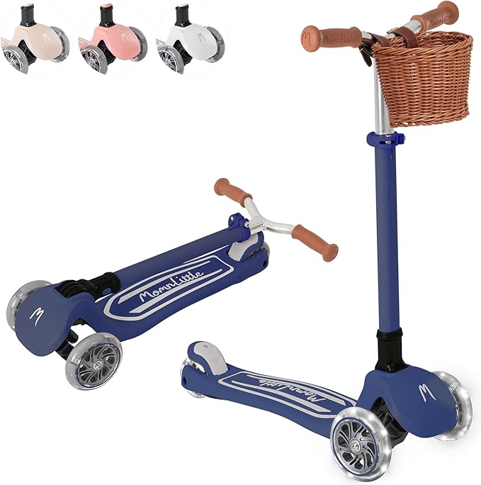 Kick Scooter for Kids Ages 3-10 (Beige/Pink/Navy/White) 3 Wheeled with LED Light-Up Wheels CPSC Certified Foldable and 4 Height Adjustable Toddler Scooters for Boys Girls