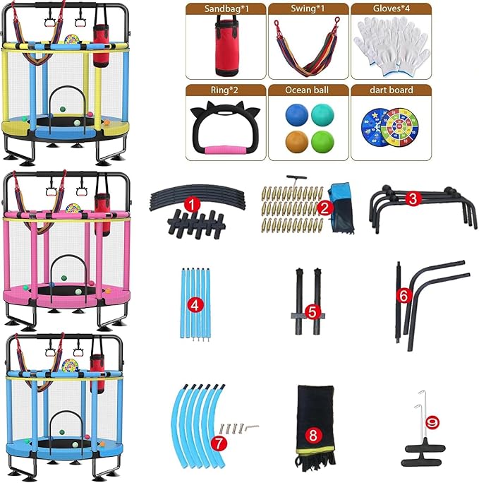 Trampoline for Kids, Upgrade Full Anti-Rust 440lbs Indoor Outdoor Toddler Trampoline with Net, 55" Adjustable Baby Toddler Trampolines Accessories with 8 Toys Dart Board