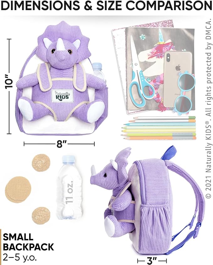 Naturally KIDS Purple Dinosaur Toys for Girls, Triceratops Toy, Dinosaur Gifts for 2 3 Year Old Girls, Toddler Backpack