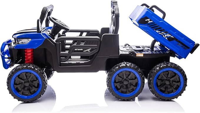 24V UTV 2 Seater Dump Truck with Remote Control, Electric Dump Bed, 4WD Power Ride on Truck Cars 6x6 Wheels, Music, Storage Trunk, Shovel for Kids-Blue
