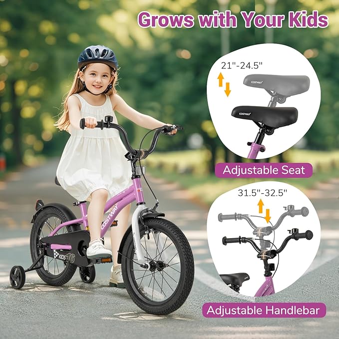 COSTWAY 12/14/16/18 Inch Kids Bike, Children Toddler Bicycle with Training Wheels, Adjustable Seat & Handlebar, Handbrake & Coaster Brake, Reflectors, Bell, Suitable for 3-8 Years Old Boys Girls