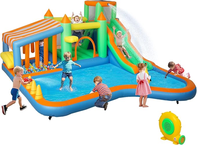 Qaba Inflatable Water Slide with Large Splash Pool, 8 in 1 Bouncy House Water Park with 680W High Power Blower, Ball Pit, Water Cannon, Climbing Wall, Toss Ring, Basketball Hoop