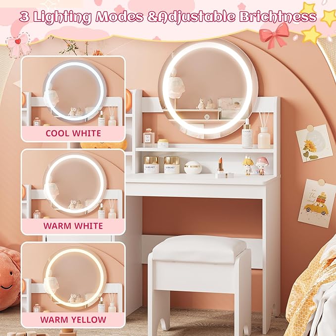 Vabches Kids Vanity with Lights, Princess Makeup Vanity Desk with Open Bookshelf, Storage Cabinet & Shelves, Toddler Vanity Table and Chair Set, Pretend Play Vanity Set for Little Girls, White