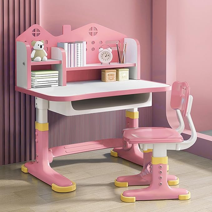 Kids Desk and Chair Set, Height Adjustable Kids Desk with Storage Drawers and Bookshelf, Ergonomic Table for Kid, Escritorio para NiñOs (Pink)