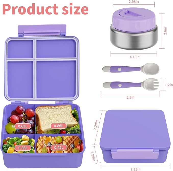 Bento Box for Kids with Thermo Food Container (9oz), 4-Compartment Lunch Box, Adjustable Divider, Leakproof Bento Lunch Box, Includes Utensils & Carry Bag for School, Office(Purple)