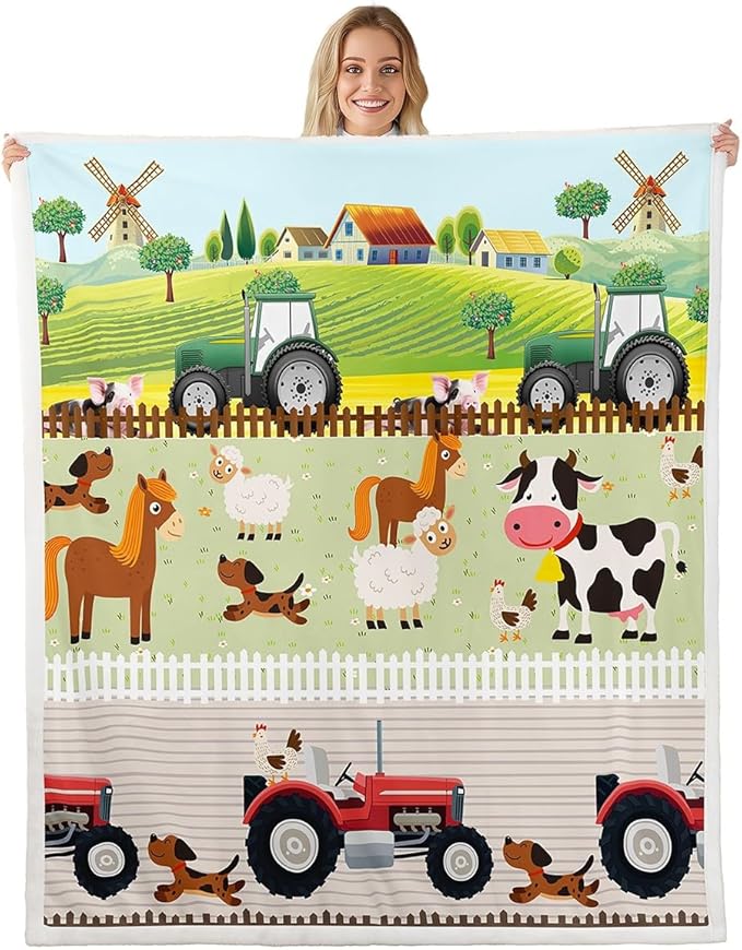 Kids Cartoon Farm Animals Sherpa Blanket Toddler Cute Tractors Fleece Throw Blanket Child Farmhouse Country Plush Blanket Colorful Room Decor Nature Fuzzy Blanket for Sofa Bed Couch, Twin 60x80 Inch