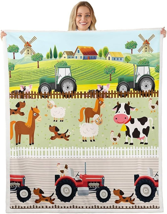 Kids Cartoon Farm Animals Sherpa Blanket Toddler Cute Tractors Fleece Throw Blanket Child Farmhouse Country Plush Blanket Colorful Room Decor Nature Fuzzy Blanket for Sofa Bed Couch, 40x50 Inch