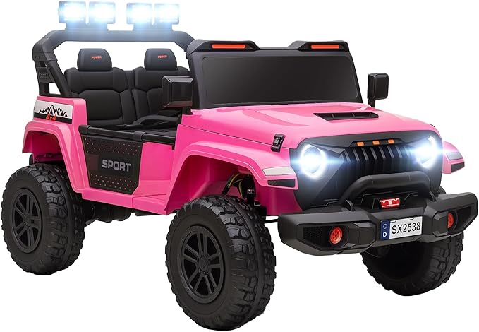Qaba 24V 2-Seater Kids Ride on Truck Car, 44-50" L Adjustable 4WD Electric Car, 5 MPH Max Speed, Remote Control, Spring Suspension, Storage and LED Lights for Kids Ages 37-95 Months, Pink