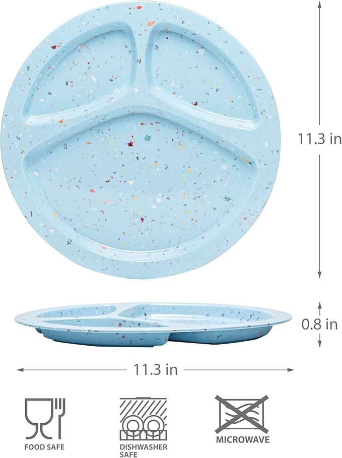 bzyoo 11-Inch Divided Plate Set of 2 - Confetti Blue 100% Melamine Portion Control Plate for Adults, Kids Unbreakable, Dishwasher Safe for Camping, BBQ