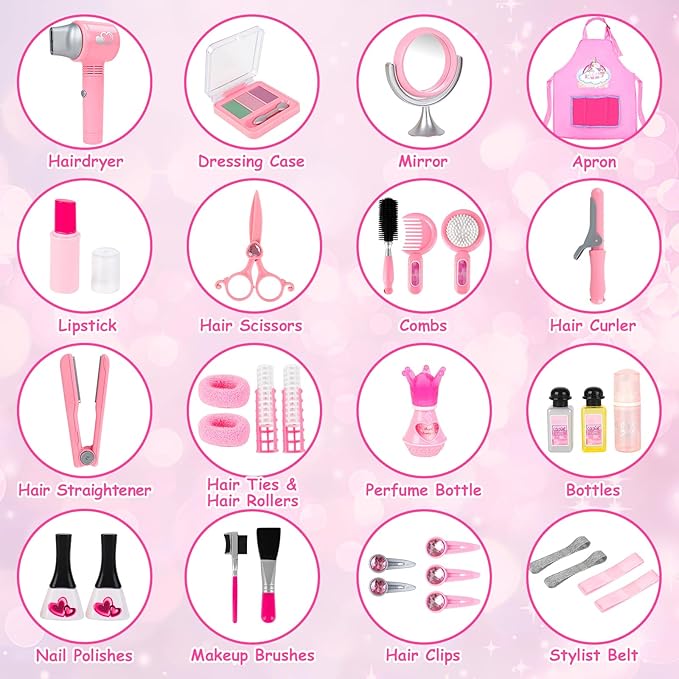deAO Hair Salon Toys for Girls Pretend Paly Hair Styling Kit Kids Makeup Set, Beauty Salon Set with Blow Dryer Apron Accessories, Birthday Gifts for Toddler Girls Boys 3 4 5 6+