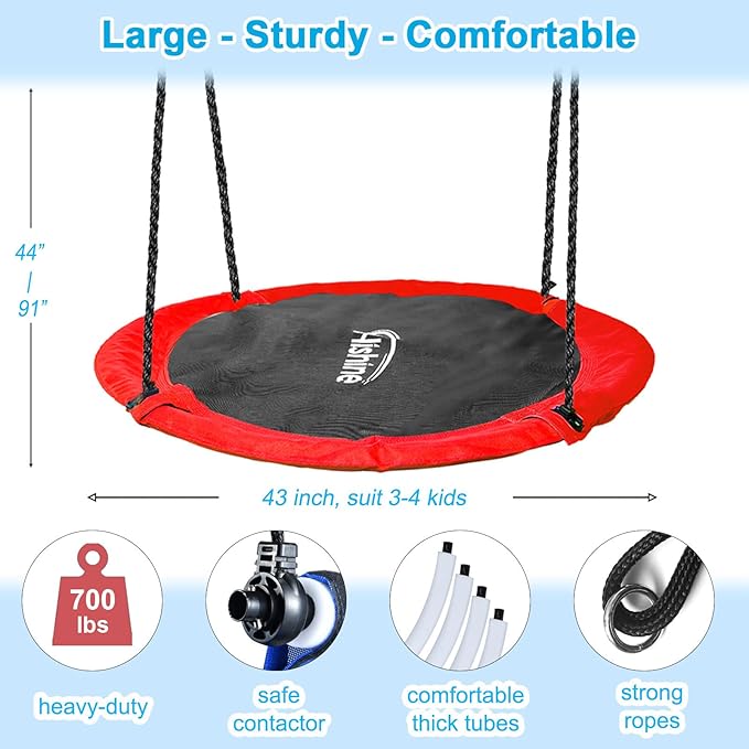 43 inch Saucer Tree Swing for Kids,Flying Round Swing Heavy Duty, Waterproof and All-Weather Resistant Textilene,Swivel,Adjustable Strong Ropes,Easy to Install,Outdoor Playground Backyard