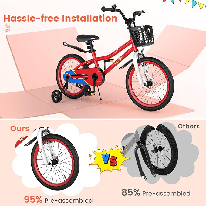 BABY JOY Kids Bike, 12 14 16 18 Inch Children Bikes for Boys Girls Age 3-8 Years w/Training Wheels, Handbrake, Coaster Brake & Removable Basket, Kids Bicycle of Multiple Colors