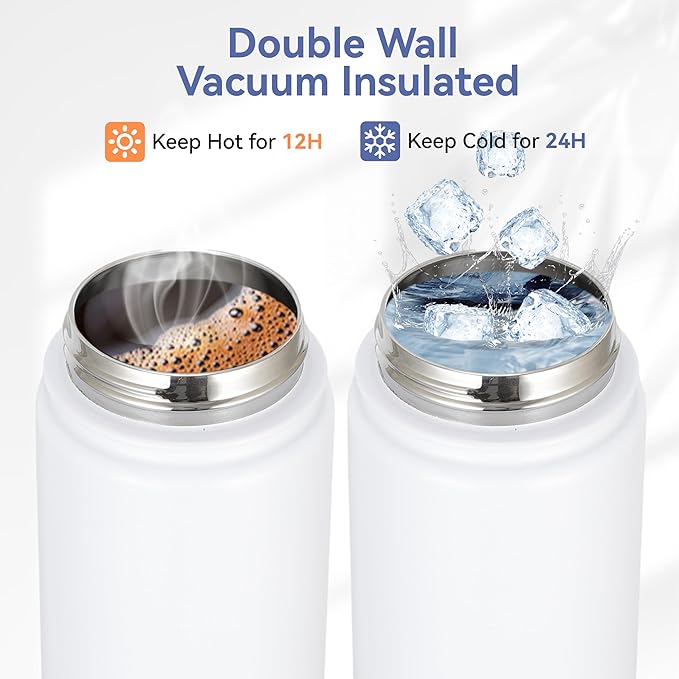 HASLE OUTFITTERS Insulated Water Bottle 16 oz Double Wall Vacuum Stainless Steel Water Bottle Leak Proof for School Wide Mouth with Straw Lid & Spout Lid Keeps Cold and Hot(White,4pack)