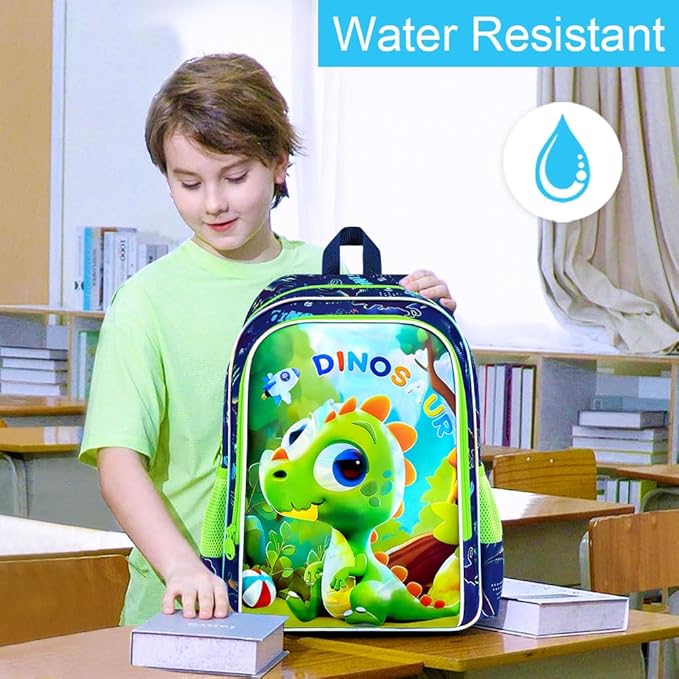 16" Dinosaur Backpack, 3Pcs Boy Bookbag for Elementary Preschool Kindergarten, Kids School Backpacks with Lunch Box (Green)