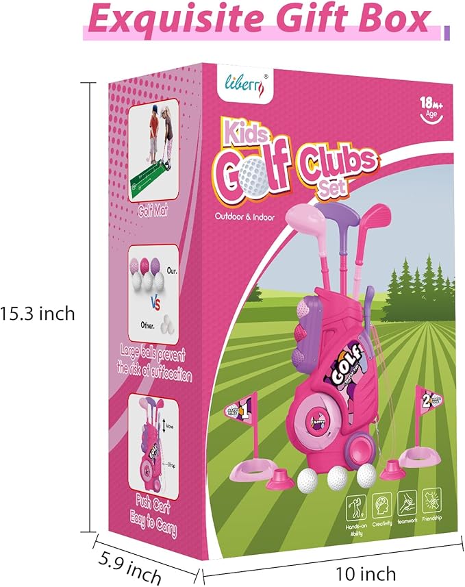 Liberry Toddler Golf Set with Putting Mat for 2 3 4 Years Old Boys Girls, Upgraded Kids Golf Cart with Unique Shoulder Strap Design, Indoor and Outdoor Golf Toys Gifts (Pink)