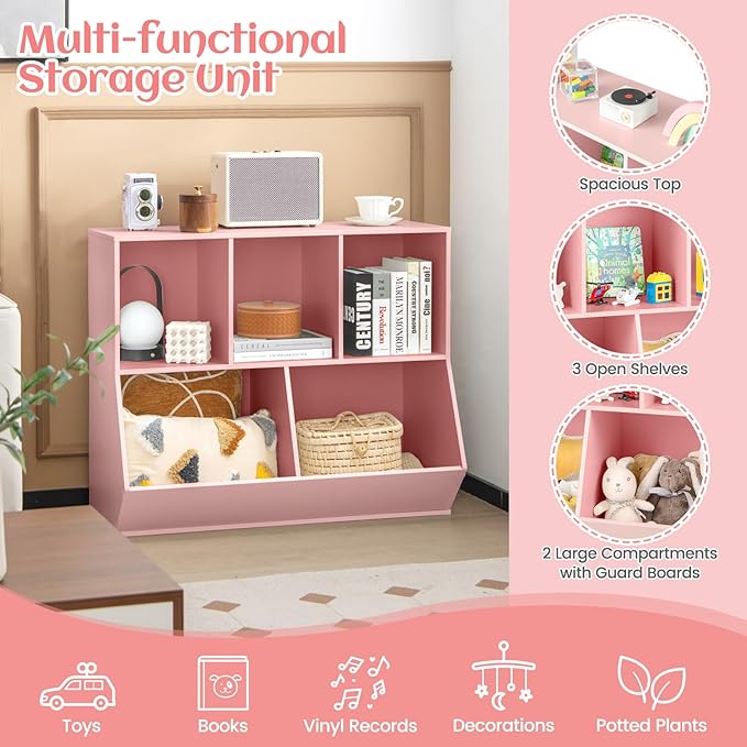 Costzon Toy Organizers and Storage with Bookshelf, Wooden 5 Cubby Children’s Book Shelf Toy Storage Cabinet Bookcase for Kids Room, Playroom, Kindergarten, Nursery (Pink)