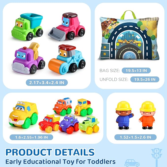 Soft Rubber Cars Toy for 1+ Year Old Boy with Playmat (Storage Bag)|12 PCS Construction Cars Baby Toys for Toddler Toys Age 18 Months |First Birthday Gift for 2 3 Year Old Boy